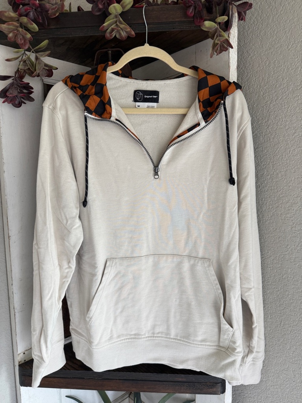 Original Use Cream Half-Zip Sweatshirt with Orange & Black Check Hood